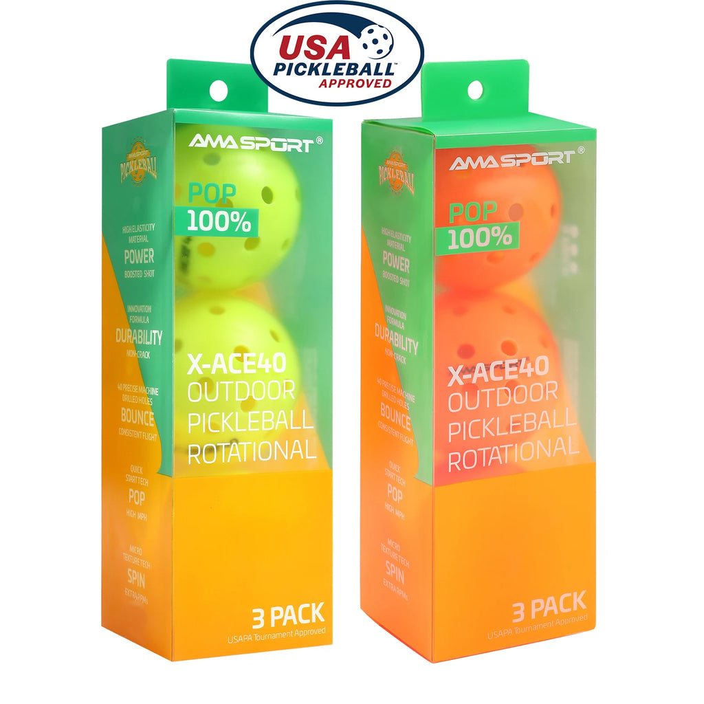 AMA Sport X-ACE Pickleballs 40 Hole Outdoor Pickleball Balls Crack Resistant ONE Piece Balls 100% POP-Optic Yellow